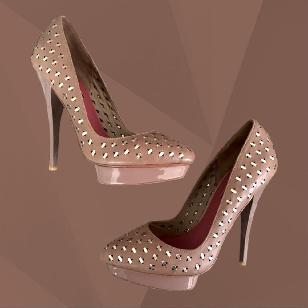 VTG Charles Jourdan Nude Metal Studs Platform Stilettos Size 7M